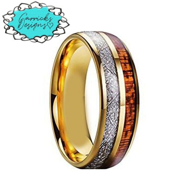 Men's Gold Meteor and Koa Wood Tungsten Wedding Ring - Wedding Ring For Him - Picture 7 of 7